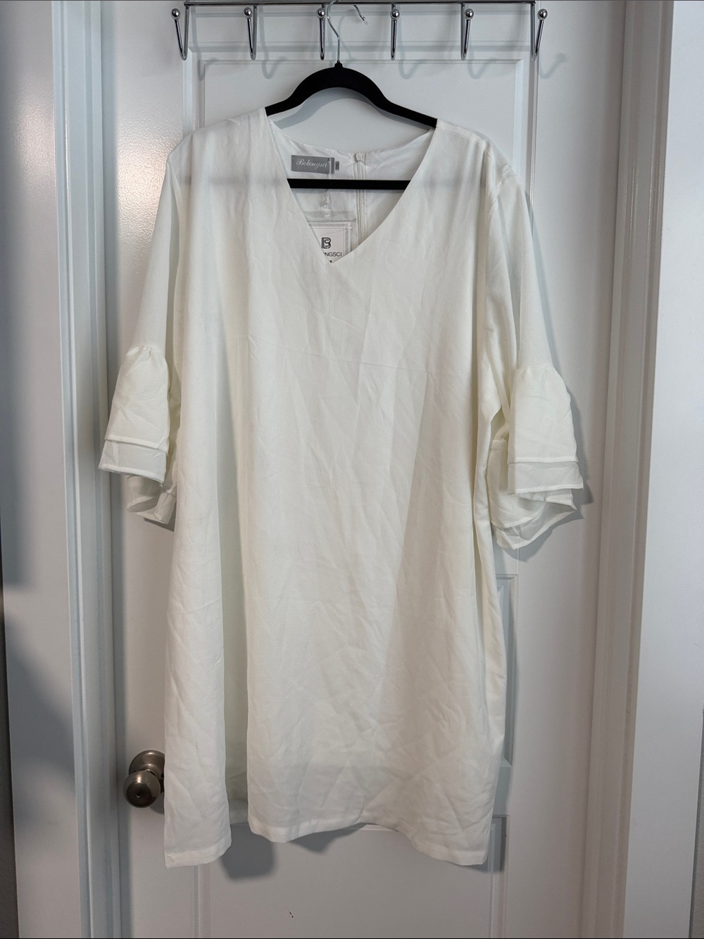 White V-Neck Tiered Sleeve Dress